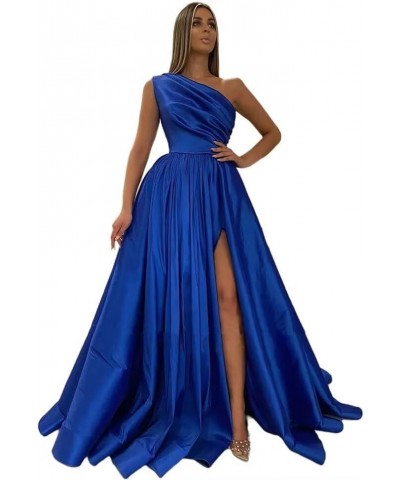 One Shoulder Satin Prom Dresses with Slit Long Formal Evening Gowns with Pockets for Women Party Royal Blue $44.19 Dresses