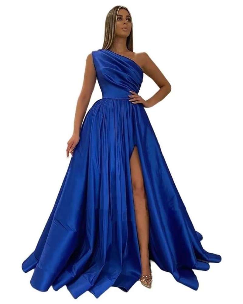 One Shoulder Satin Prom Dresses with Slit Long Formal Evening Gowns with Pockets for Women Party Royal Blue $44.19 Dresses
