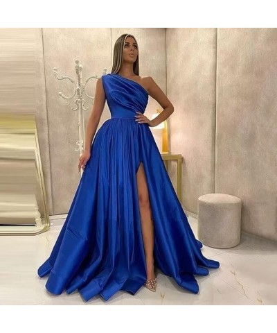 One Shoulder Satin Prom Dresses with Slit Long Formal Evening Gowns with Pockets for Women Party Royal Blue $44.19 Dresses