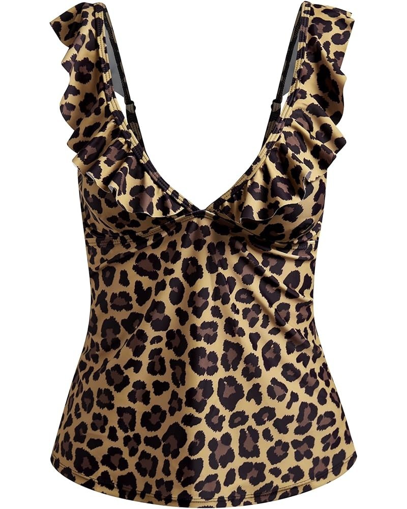 Women Tankini Tops V Neck Tankini Tummy Control Swimsuit Blouson Tankini Top Bathing Suit Swimwear Tops Plus Size Leopard Pri...