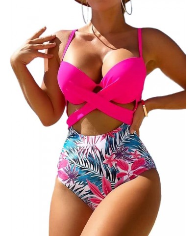 Women's One Piece Swimsuit Sexy High Cut Bathing Suit Tummy High Waist Print Swimwear Halter Cross Front Cutout Bikini Hot Pi...