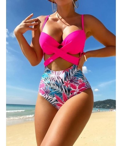 Women's One Piece Swimsuit Sexy High Cut Bathing Suit Tummy High Waist Print Swimwear Halter Cross Front Cutout Bikini Hot Pi...