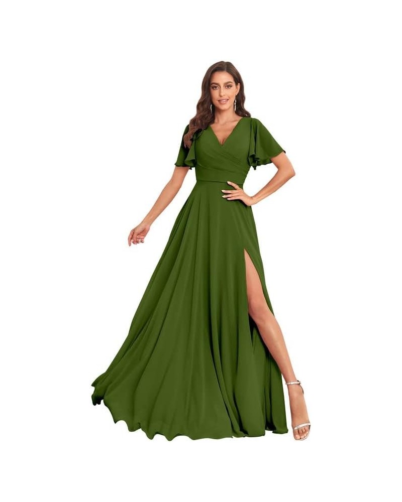 Women's Short Sleeve Bridesmaid Dress for Wedding Long A line Chiffon Evening Gown with Slit Olive Green $29.25 Dresses