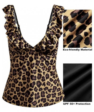 Women Tankini Tops V Neck Tankini Tummy Control Swimsuit Blouson Tankini Top Bathing Suit Swimwear Tops Plus Size Leopard Pri...