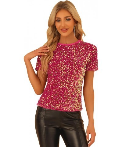 Sequin Top for Women's Velvet Crew Neck Short Sleeve Party Clubwear Blouse Hot Pink $18.80 Blouses