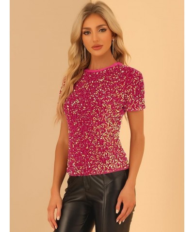 Sequin Top for Women's Velvet Crew Neck Short Sleeve Party Clubwear Blouse Hot Pink $18.80 Blouses