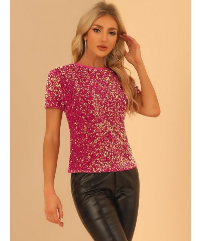 Sequin Top for Women's Velvet Crew Neck Short Sleeve Party Clubwear Blouse Hot Pink $18.80 Blouses