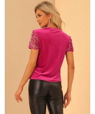 Sequin Top for Women's Velvet Crew Neck Short Sleeve Party Clubwear Blouse Hot Pink $18.80 Blouses