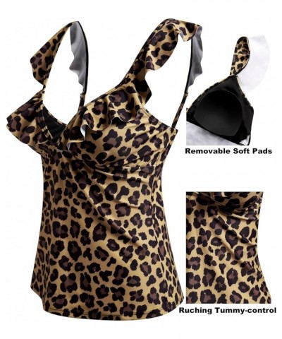 Women Tankini Tops V Neck Tankini Tummy Control Swimsuit Blouson Tankini Top Bathing Suit Swimwear Tops Plus Size Leopard Pri...